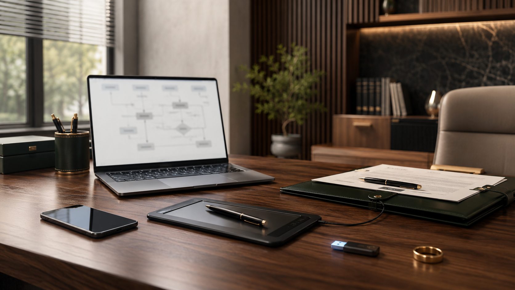 Mesa de escritório com laptop, tablet e contrato, representando o atendimento jurídico