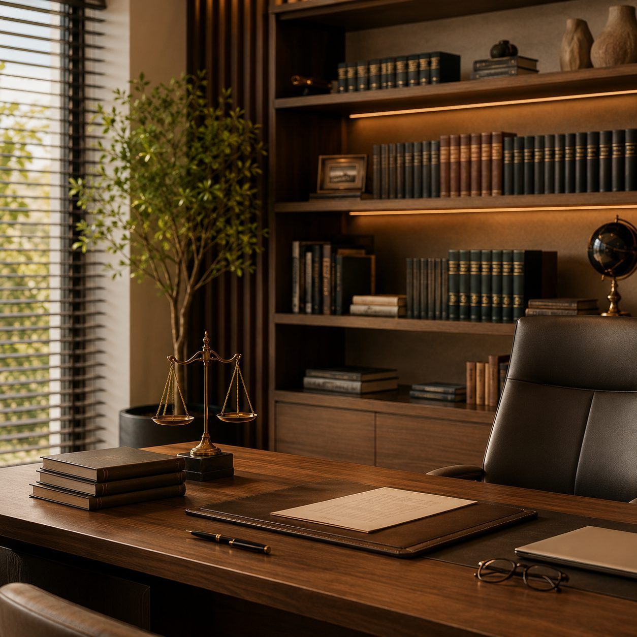 Escritório de advocacia com estante de livros jurídicos e balança da justiça sobre a mesa